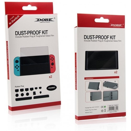 Bộ sản phẩm dán cường lực và các nút chống bụi cho Nintendo Switch.